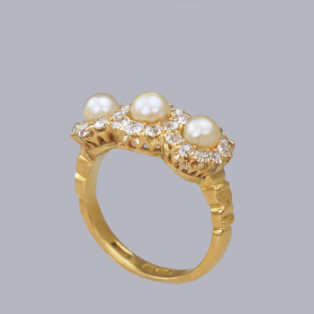 Antique Pearl & Old Cut Diamond 18ct Gold Edwardan/Art Deco Triple Cluster Ring View XII