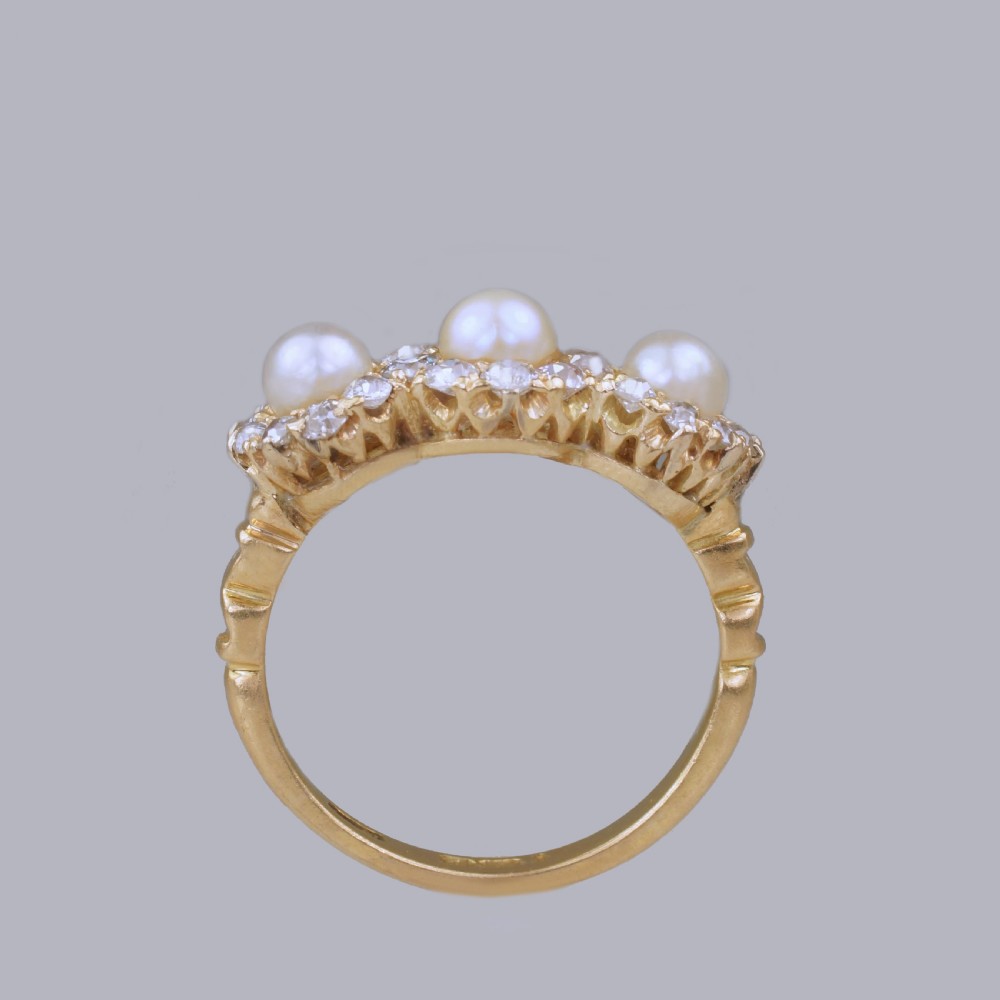 Antique Pearl & Old Cut Diamond 18ct Gold Edwardan/Art Deco Triple Cluster Ring View XIV
