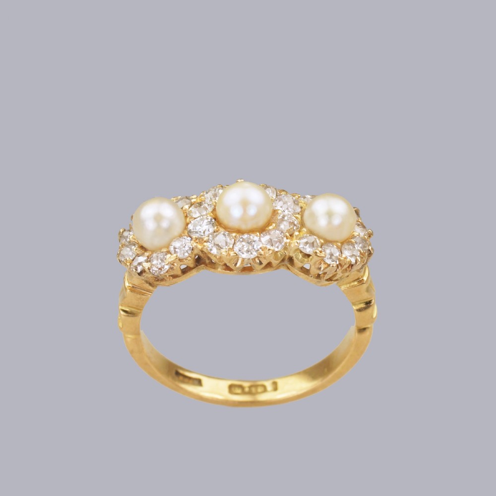 Antique Pearl & Old Cut Diamond 18ct Gold Edwardan/Art Deco Triple Cluster Ring View XV