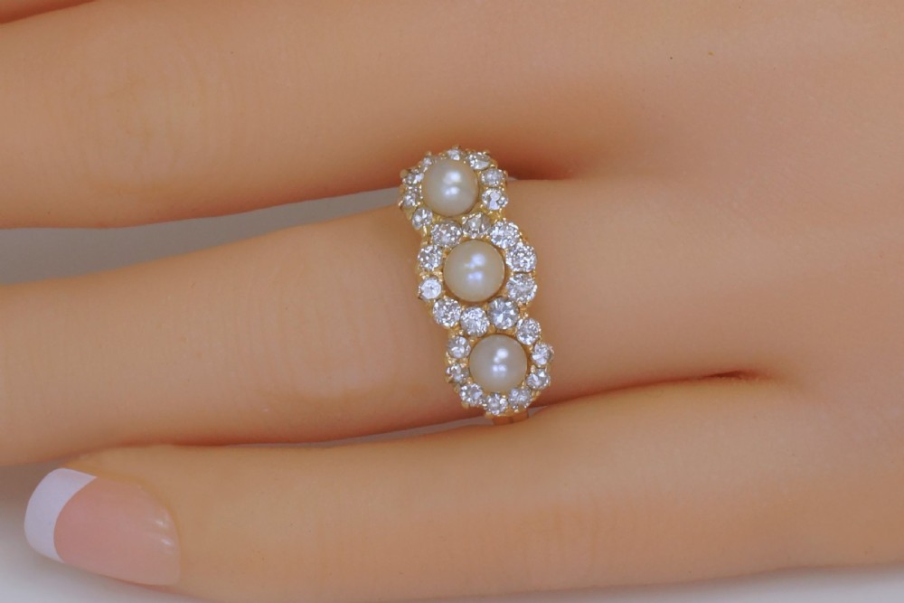 Antique Pearl & Old Cut Diamond 18ct Gold Edwardan/Art Deco Triple Cluster Ring View XVI