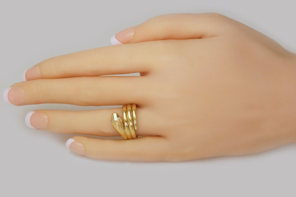 Victorian 18ct Gold Coiled Snake Ring Antique Coiled Serpent Ring Diamond Eyes View II
