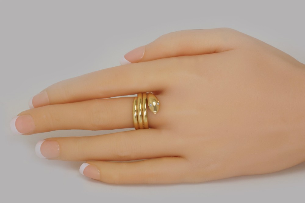 Victorian 18ct Gold Coiled Snake Ring Antique Coiled Serpent Ring Diamond Eyes View III