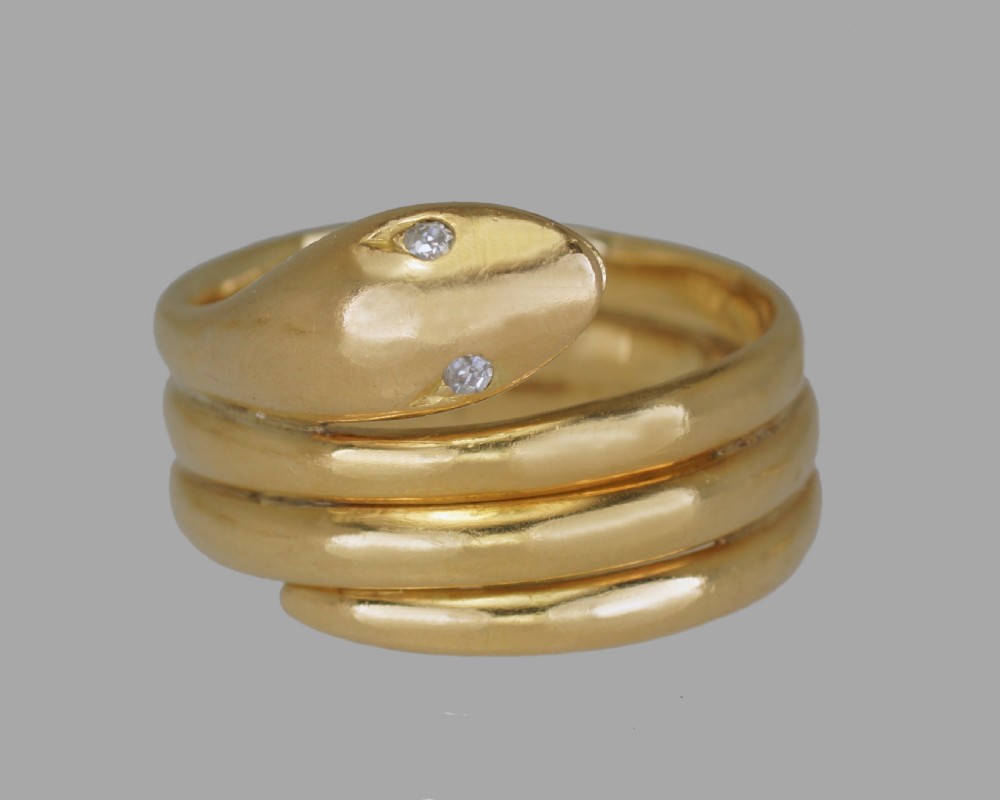 Victorian 18ct Gold Coiled Snake Ring Antique Coiled Serpent Ring Diamond Eyes View IV