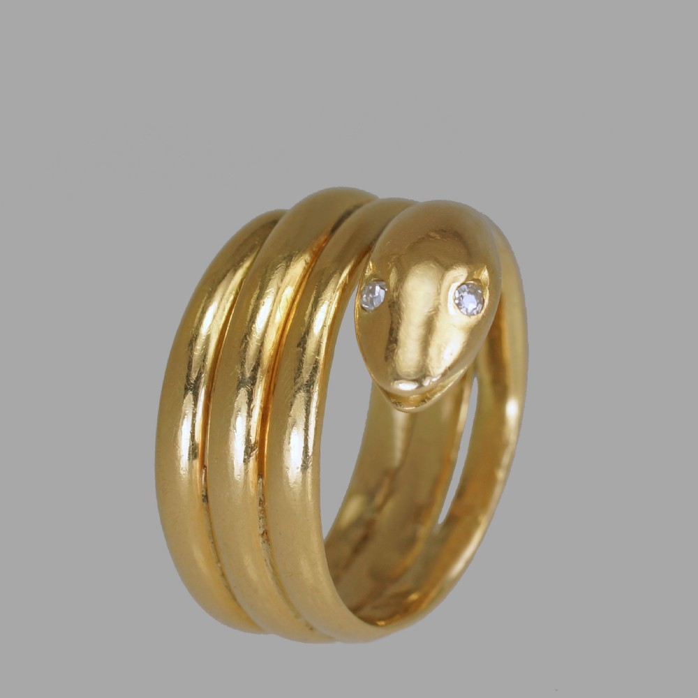 Victorian 18ct Gold Coiled Snake Ring Antique Coiled Serpent Ring Diamond Eyes View V