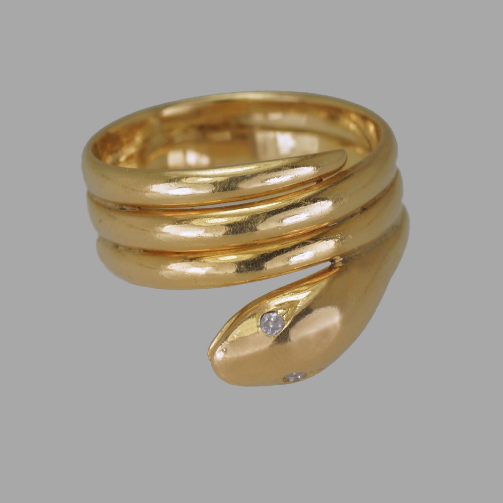 Victorian 18ct Gold Coiled Snake Ring Antique Coiled Serpent Ring Diamond Eyes View VII