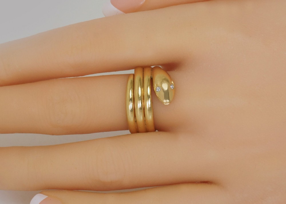 Victorian 18ct Gold Coiled Snake Ring Antique Coiled Serpent Ring Diamond Eyes View XI