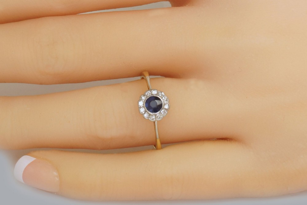 Sapphire & Diamond Cluster Ring Antique 18ct Gold Edwardian / Art Deco Daisy Ring View XI