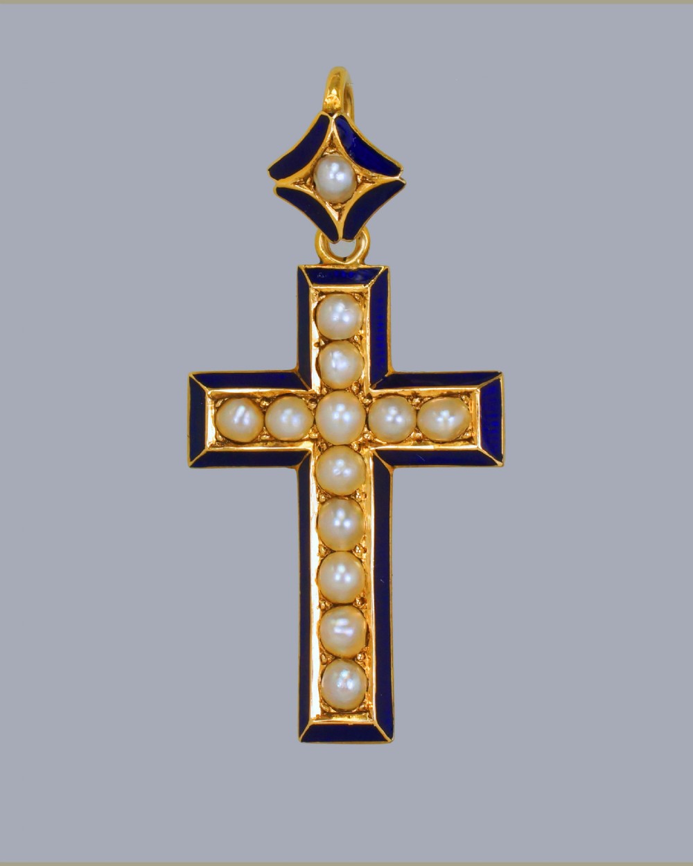 Victorian Pearl & Blue Enamel Crucifix Pendant 18ct Gold Antique Cross Circa 1900 