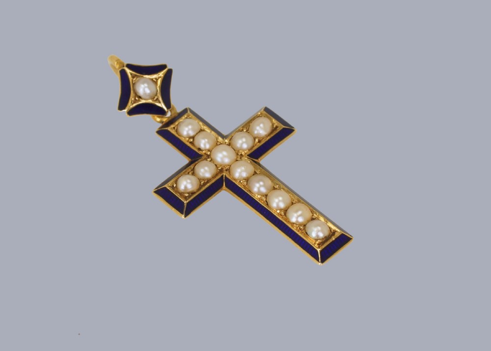 Victorian Pearl & Blue Enamel Crucifix Pendant 18ct Gold Antique Cross Circa 1900  View II