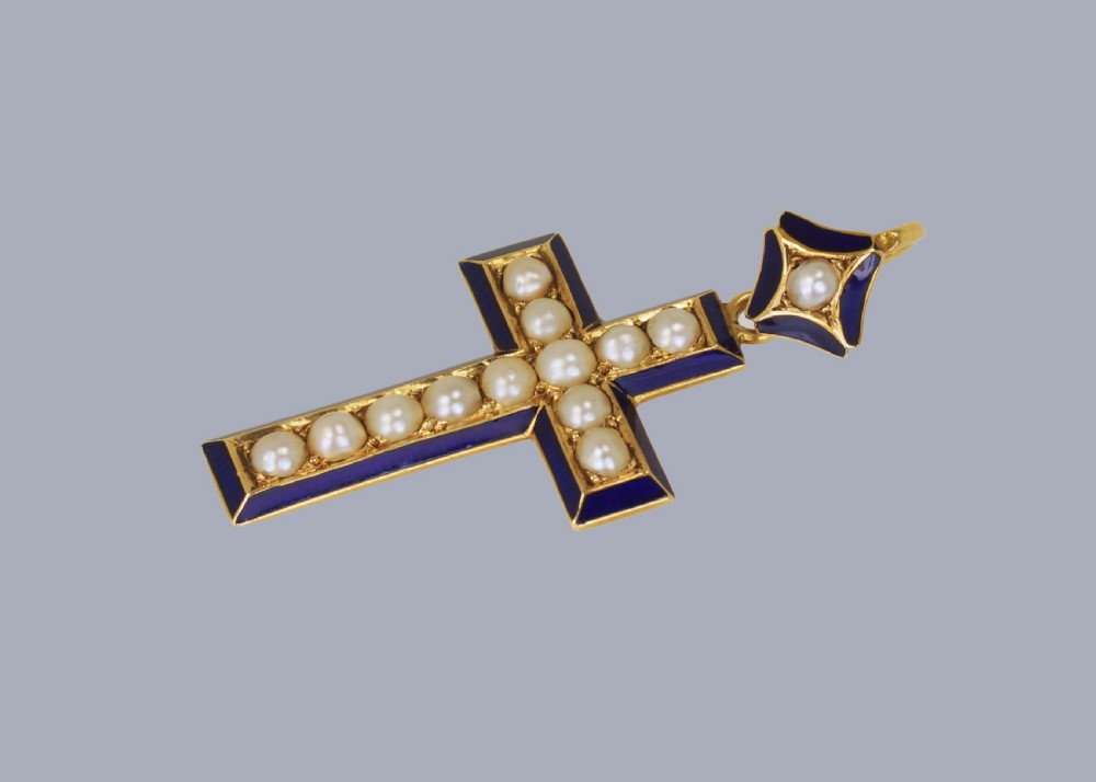 Victorian Pearl & Blue Enamel Crucifix Pendant 18ct Gold Antique Cross Circa 1900  View III