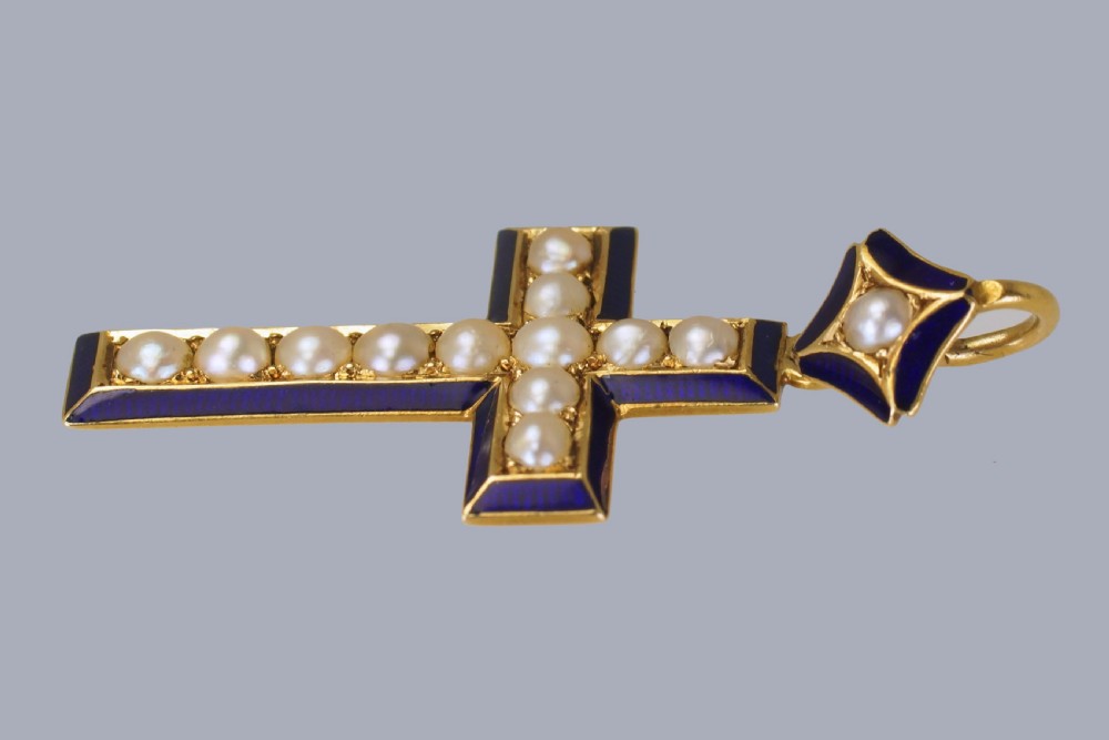 Victorian Pearl & Blue Enamel Crucifix Pendant 18ct Gold Antique Cross Circa 1900  View IV