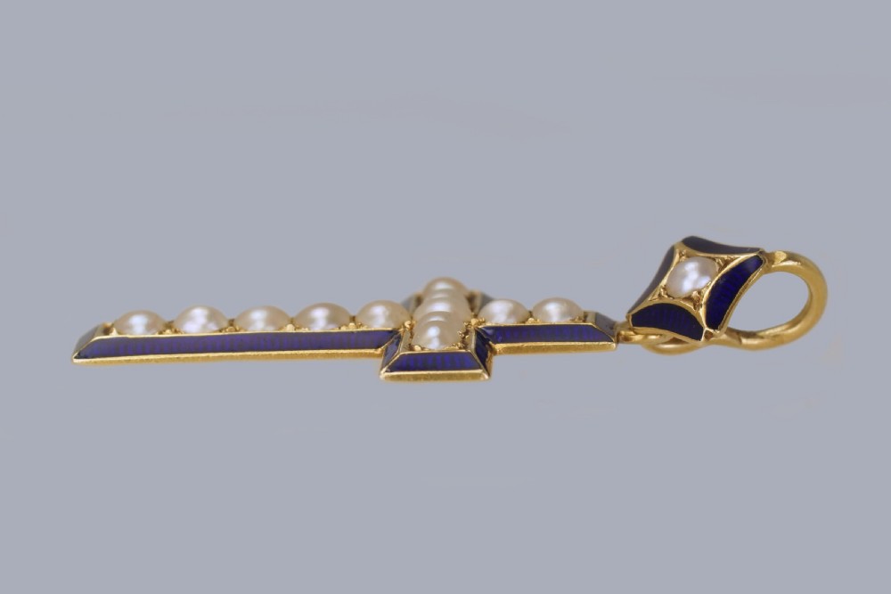 Victorian Pearl & Blue Enamel Crucifix Pendant 18ct Gold Antique Cross Circa 1900  View V