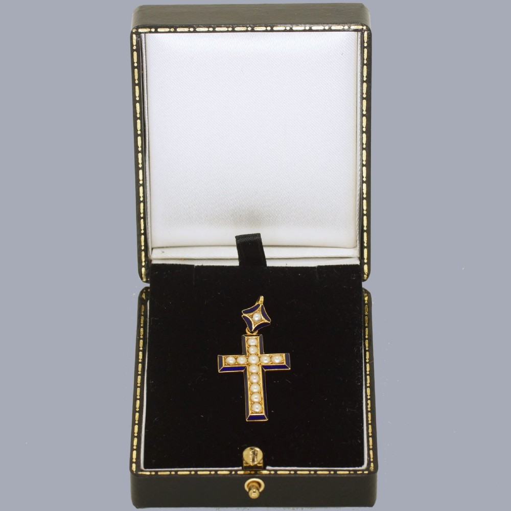 Victorian Pearl & Blue Enamel Crucifix Pendant 18ct Gold Antique Cross Circa 1900  View VIII