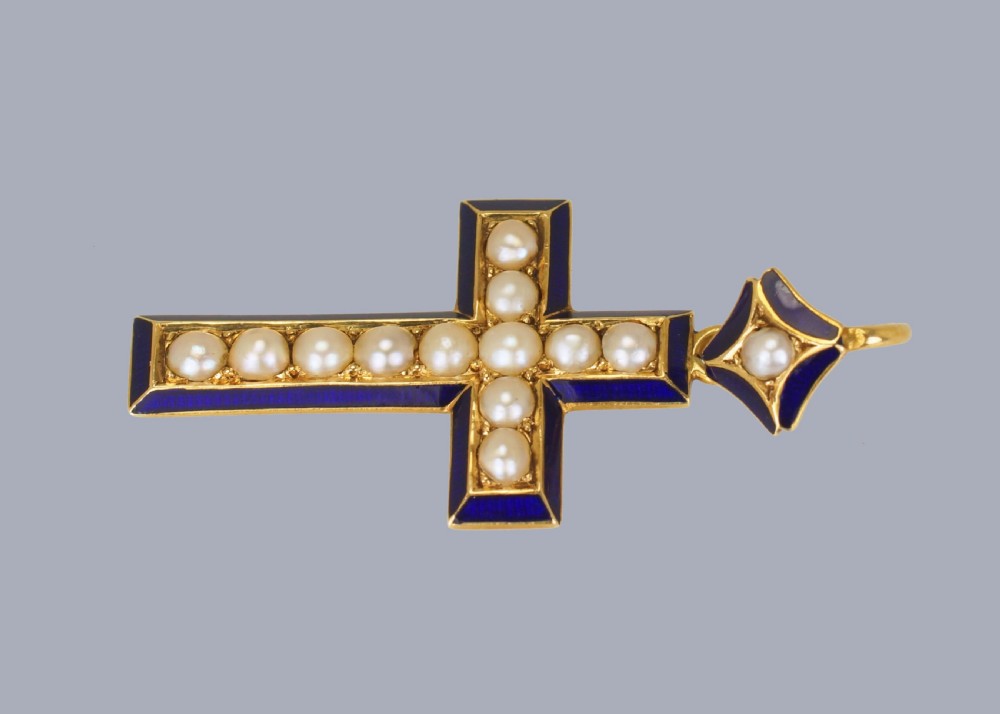 Victorian Pearl & Blue Enamel Crucifix Pendant 18ct Gold Antique Cross Circa 1900  View X