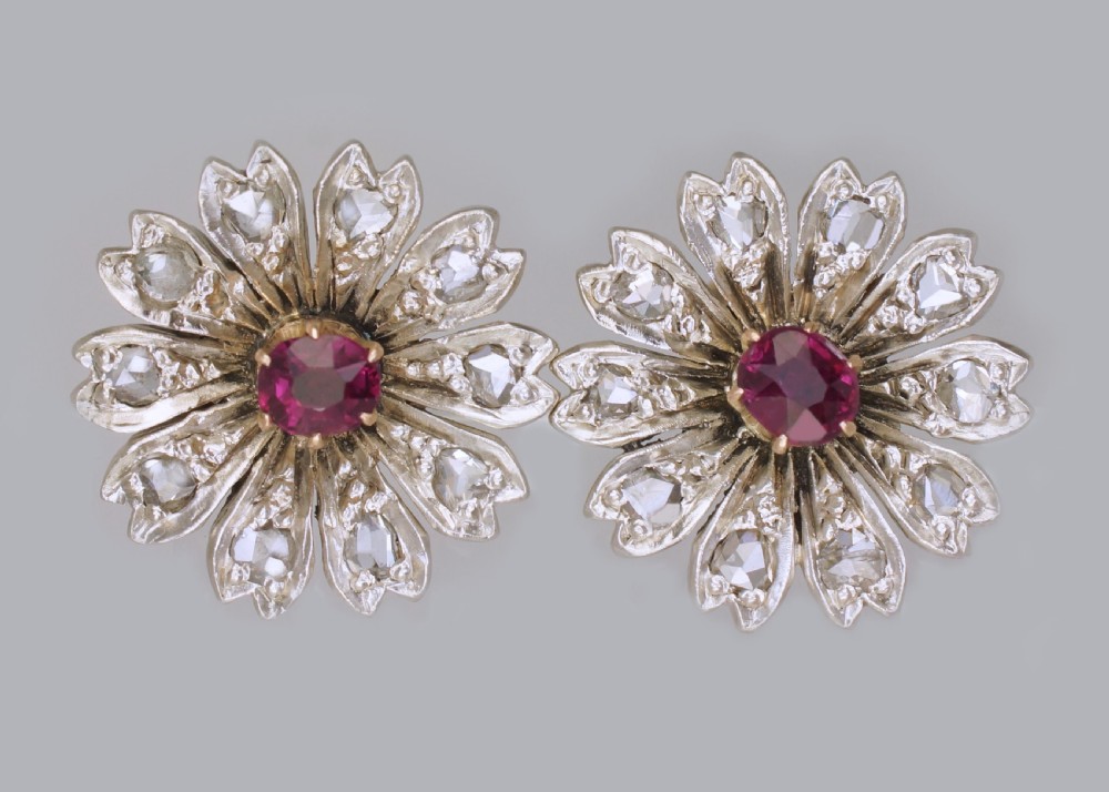 Antique Ruby & Rose Cut Diamond 9ct Gold Stud Flower Edwardian Earrings circa 1910