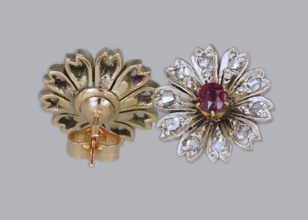 Antique Ruby & Rose Cut Diamond 9ct Gold Stud Flower Edwardian Earrings circa 1910 View II