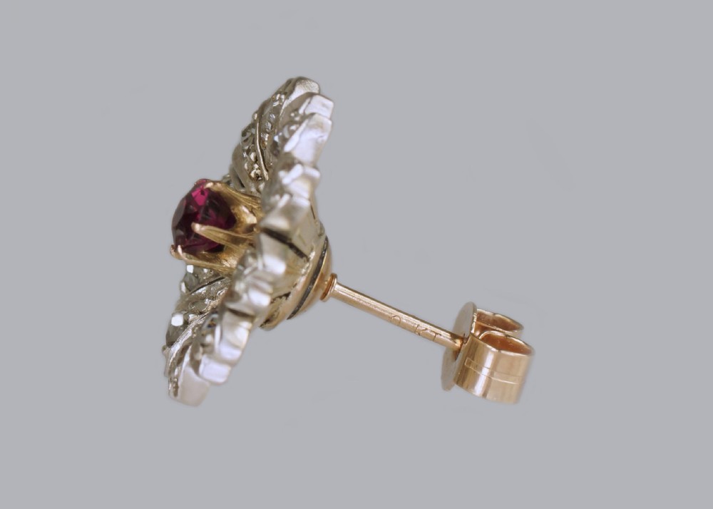 Antique Ruby & Rose Cut Diamond 9ct Gold Stud Flower Edwardian Earrings circa 1910 View III