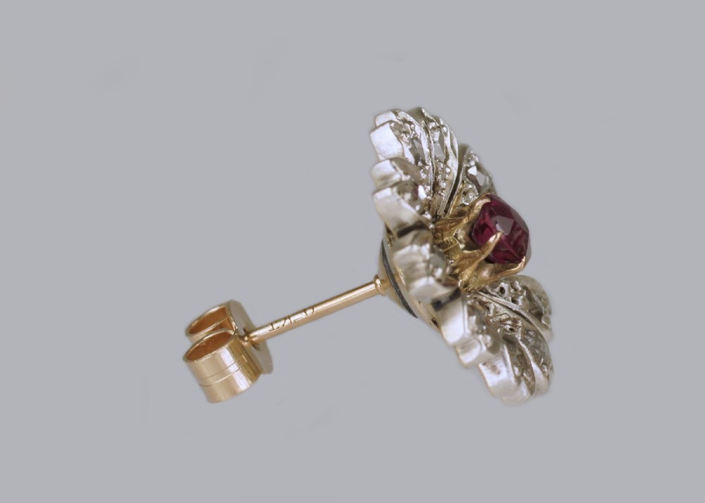 Antique Ruby & Rose Cut Diamond 9ct Gold Stud Flower Edwardian Earrings circa 1910 View IV