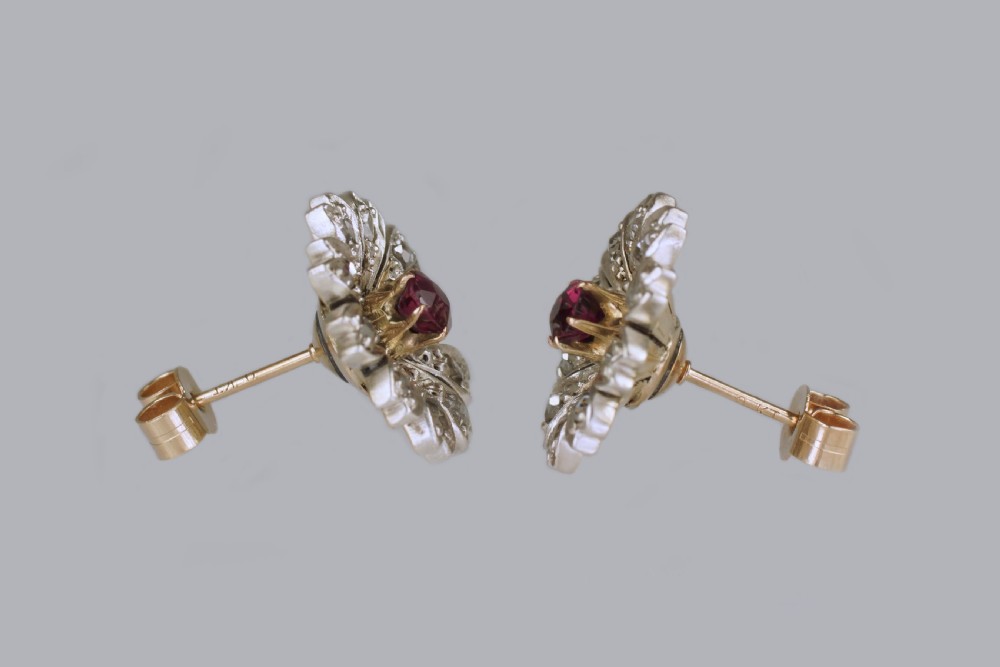 Antique Ruby & Rose Cut Diamond 9ct Gold Stud Flower Edwardian Earrings circa 1910 View V