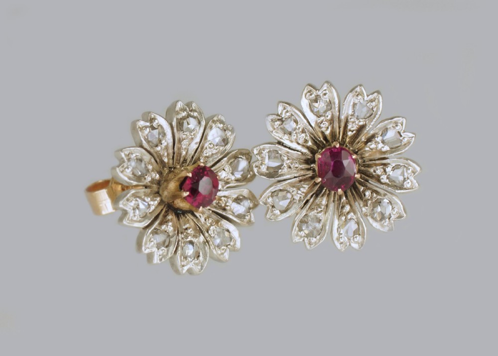 Antique Ruby & Rose Cut Diamond 9ct Gold Stud Flower Edwardian Earrings circa 1910 View VI