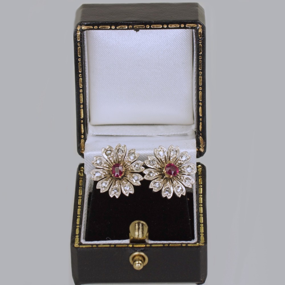Antique Ruby & Rose Cut Diamond 9ct Gold Stud Flower Edwardian Earrings circa 1910 View VIII