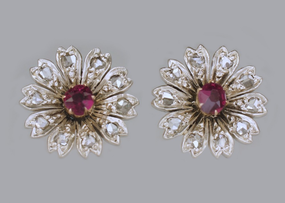 Antique Ruby & Rose Cut Diamond 9ct Gold Stud Flower Edwardian Earrings circa 1910 View IX