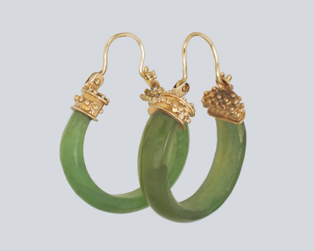 Victorian Nephrite Jade 18ct Gold Hoop Antique Etruscan Rivial Earrings circa 1890 