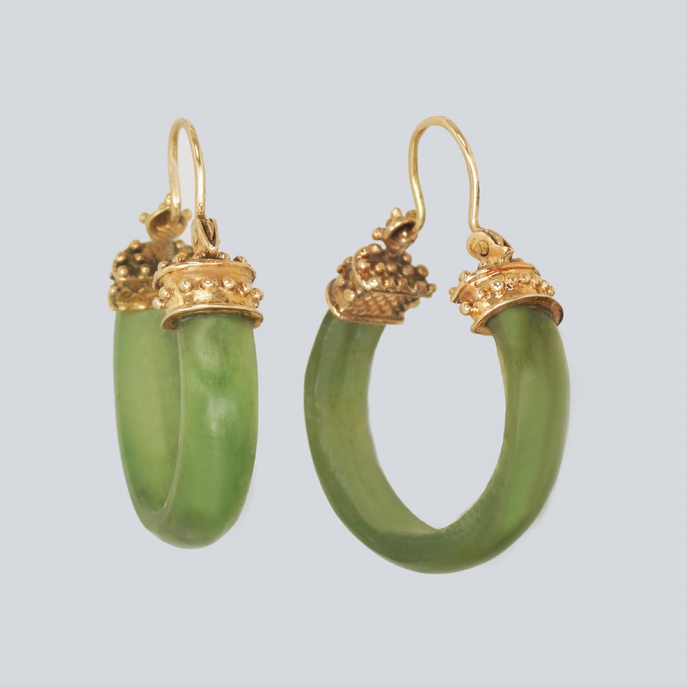 Victorian Nephrite Jade 18ct Gold Hoop Antique Etruscan Rivial Earrings circa 1890  View II