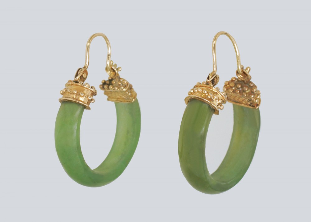 Victorian Nephrite Jade 18ct Gold Hoop Antique Etruscan Rivial Earrings circa 1890  View III
