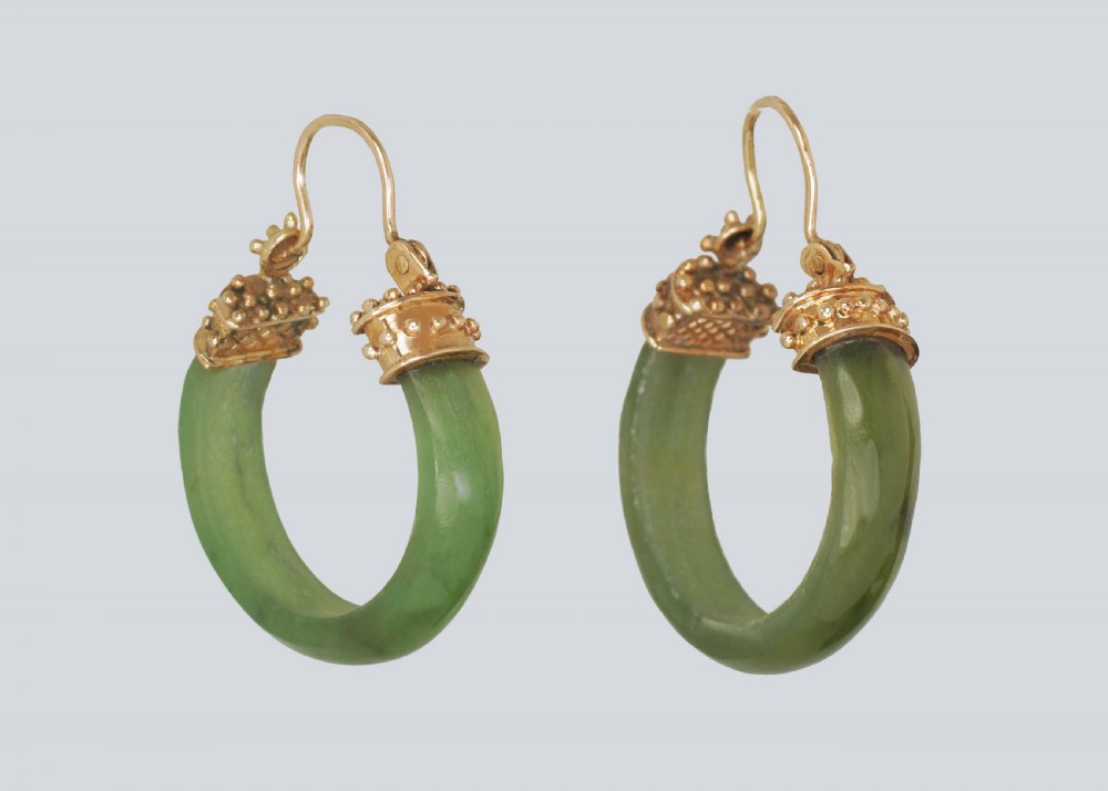 Victorian Nephrite Jade 18ct Gold Hoop Antique Etruscan Rivial Earrings circa 1890  View IV