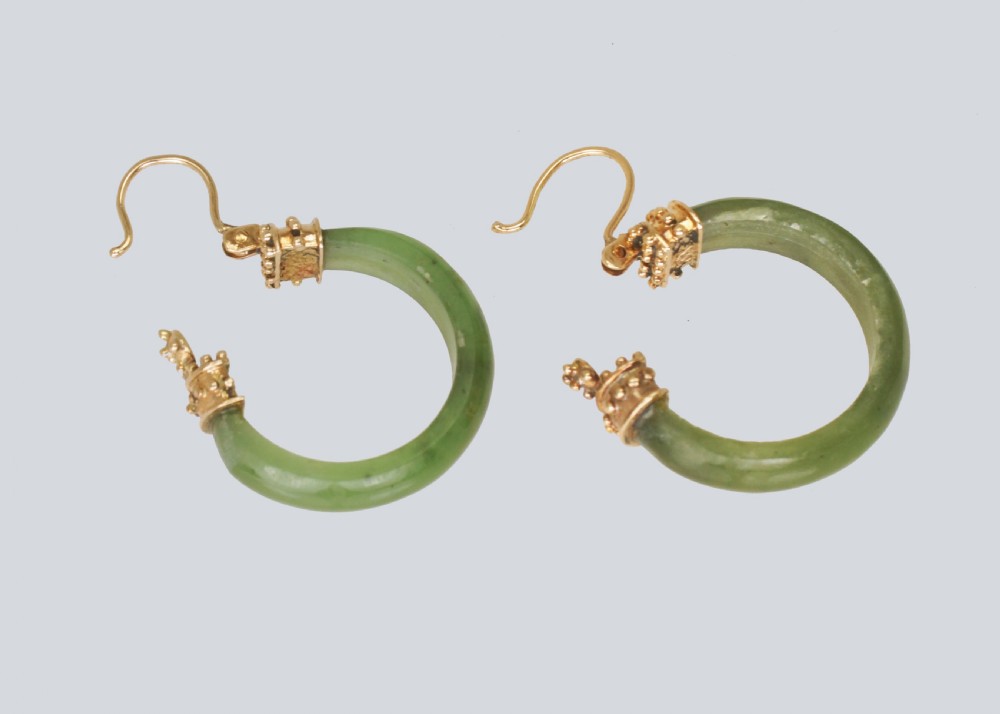Victorian Nephrite Jade 18ct Gold Hoop Antique Etruscan Rivial Earrings circa 1890  View V