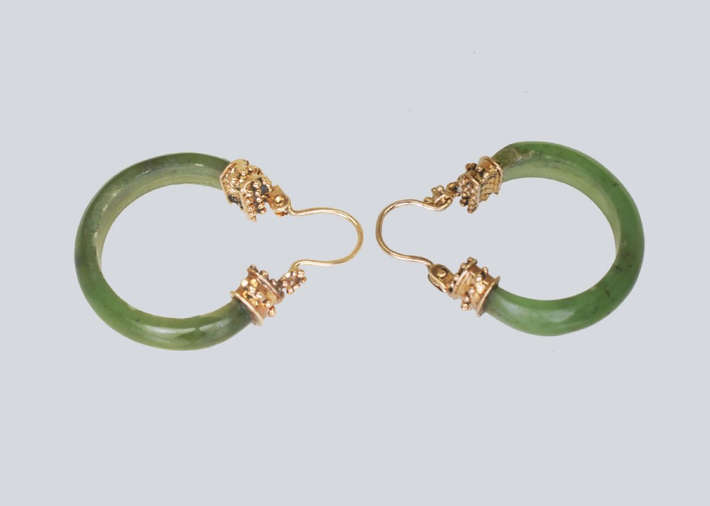 Victorian Nephrite Jade 18ct Gold Hoop Antique Etruscan Rivial Earrings circa 1890  View VI
