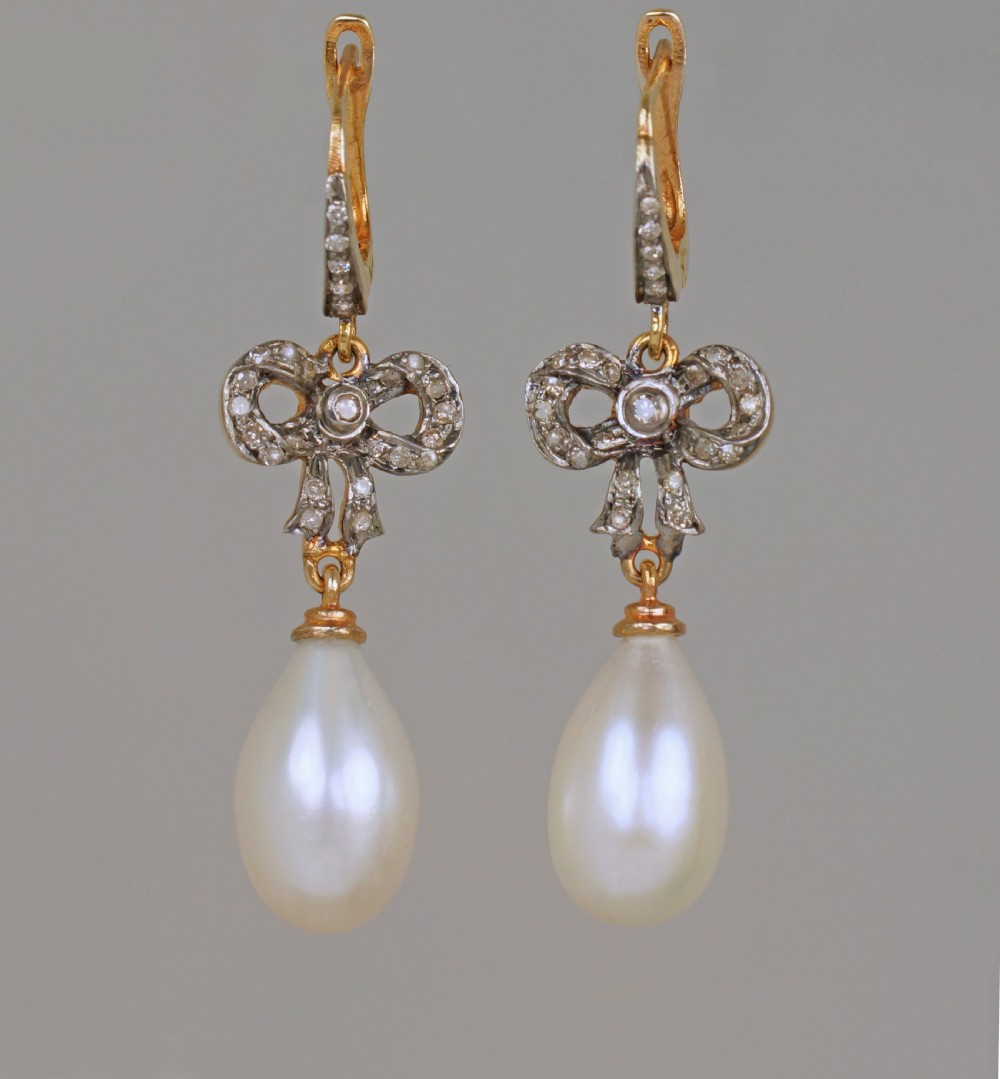 Victorian Pearl & Rose Cut Diamond Dangle 18ct Gold Antique Drop Earrings circa 1890