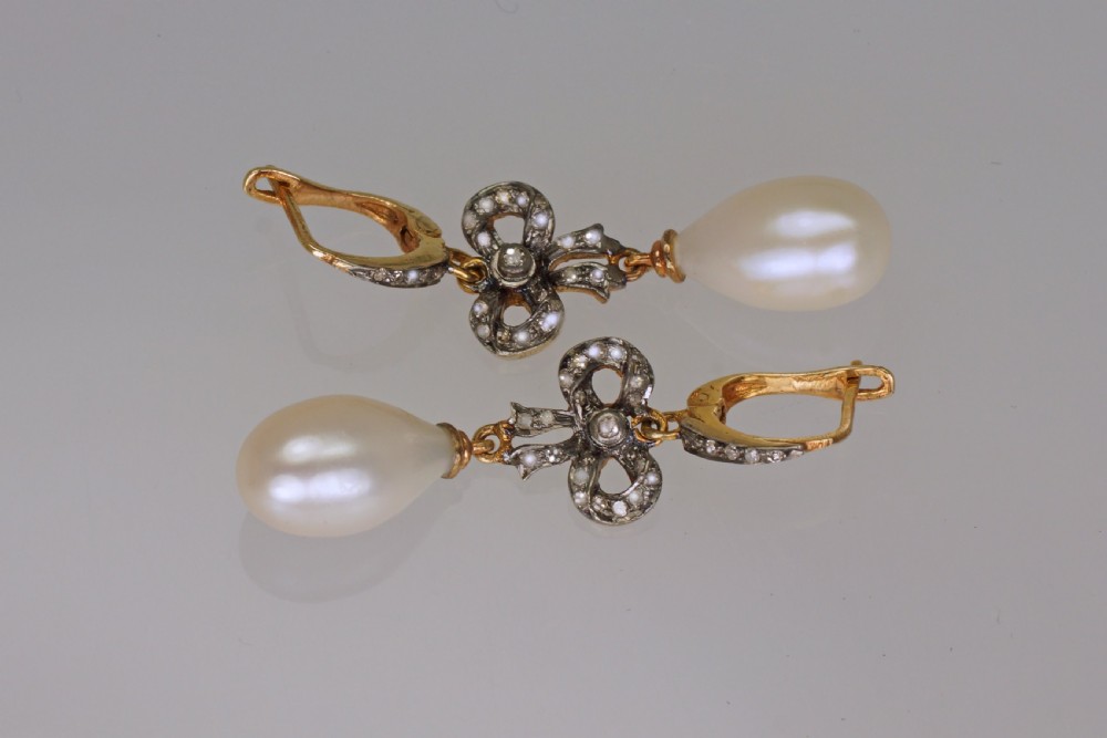 Victorian Pearl & Rose Cut Diamond Dangle 18ct Gold Antique Drop Earrings circa 1890 View II