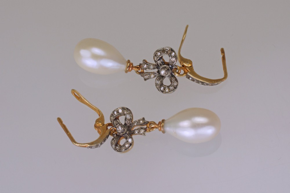 Victorian Pearl & Rose Cut Diamond Dangle 18ct Gold Antique Drop Earrings circa 1890 View III