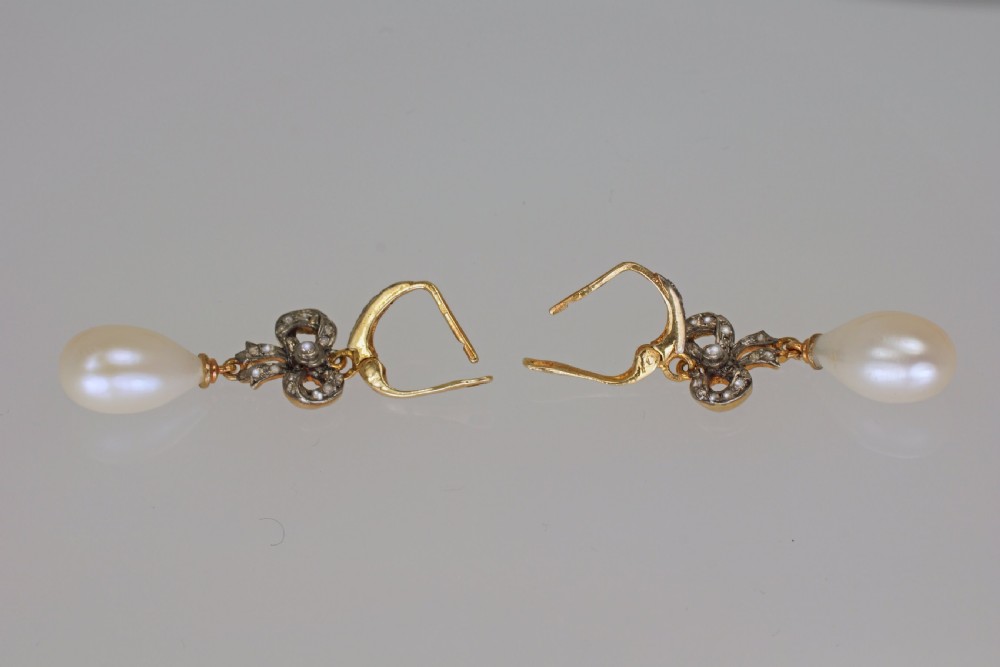 Victorian Pearl & Rose Cut Diamond Dangle 18ct Gold Antique Drop Earrings circa 1890 View V