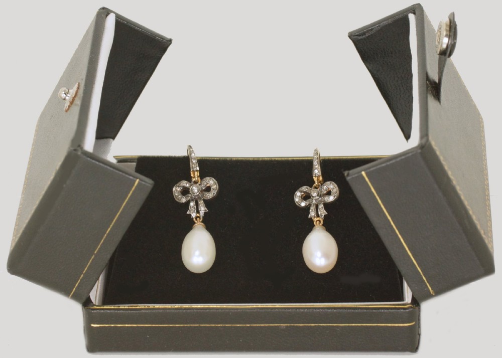 Victorian Pearl & Rose Cut Diamond Dangle 18ct Gold Antique Drop Earrings circa 1890 View VII