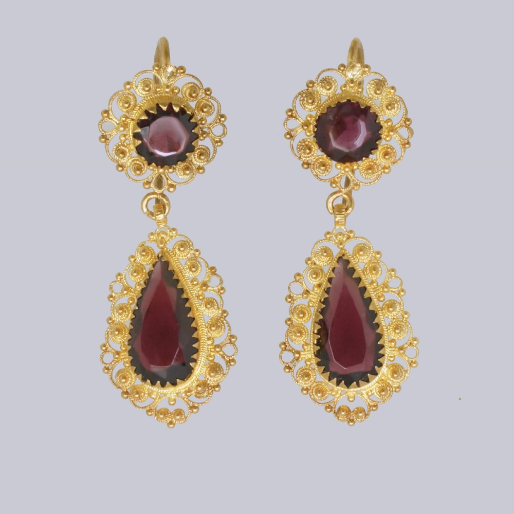 Victorian Garnet 18ct Gold Double Drop Antique 1 1/2