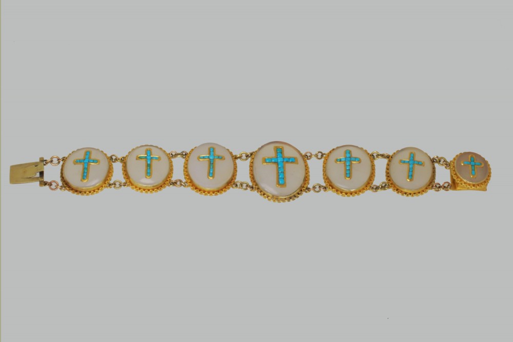 Victorian 18ct Gold Turquoise & Chalcedony Crucifix Bracelet Antique Cross Bracelet circa 1880 View IV