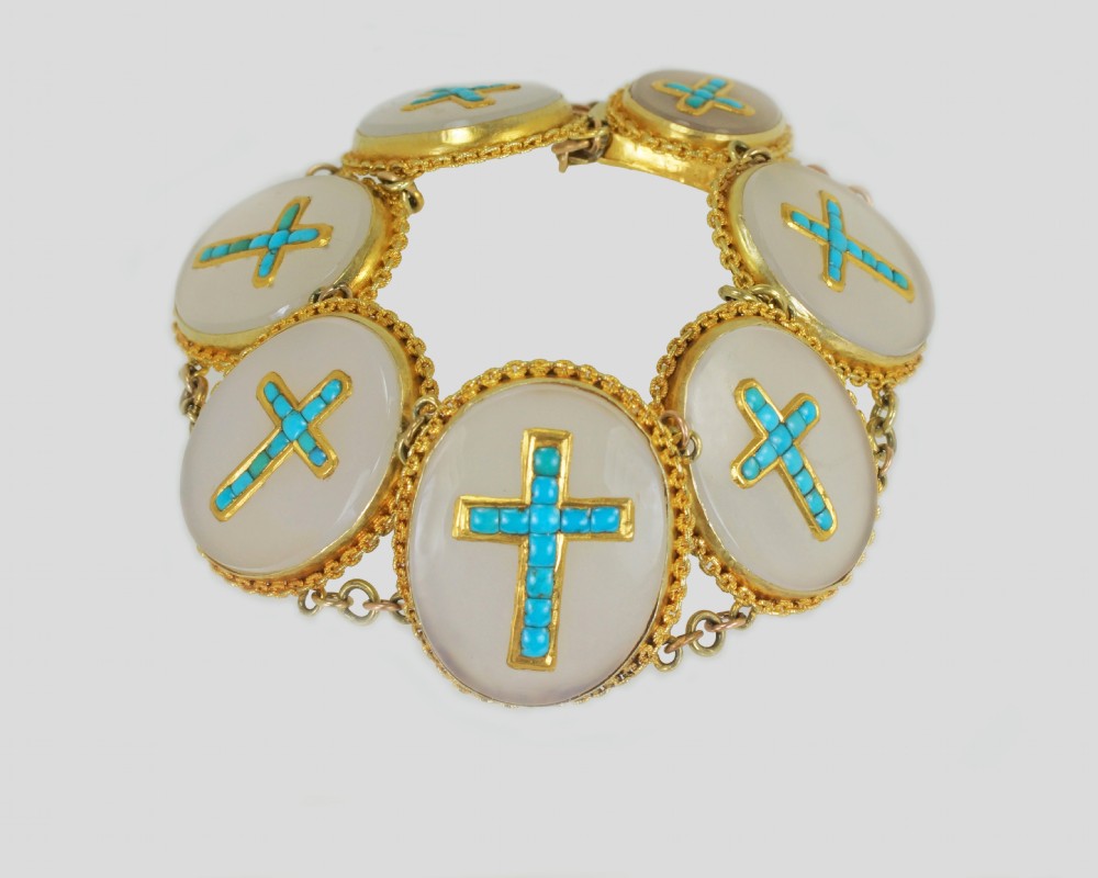 Victorian 18ct Gold Turquoise & Chalcedony Crucifix Bracelet Antique Cross Bracelet circa 1880