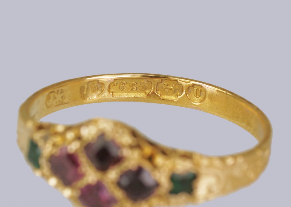 Victorian 15ct Gold Garnet & Emerald Antique English Ring Hallmarked Birmingham 1869 View IV