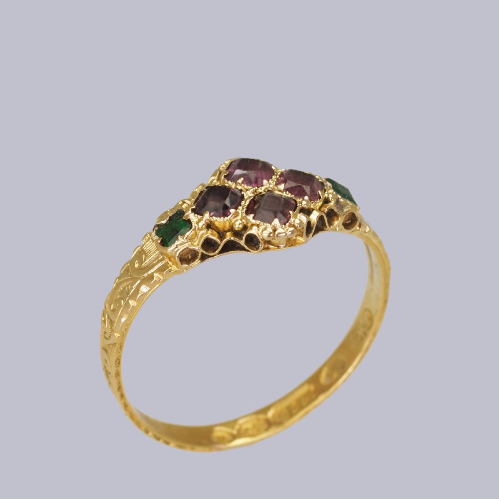 Victorian 15ct Gold Garnet & Emerald Antique English Ring Hallmarked Birmingham 1869 View VI
