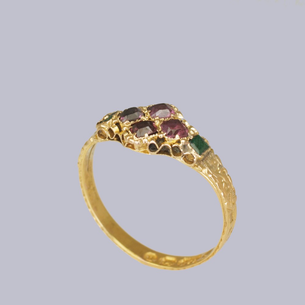 Victorian 15ct Gold Garnet & Emerald Antique English Ring Hallmarked Birmingham 1869 View VIII