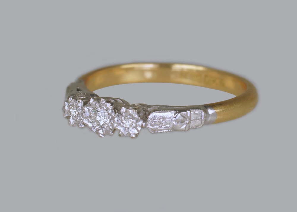 Art Deco Old Cut Diamond Ring 18ct Gold & Plat Antique 1920's Vintage Trilogy Ring View II