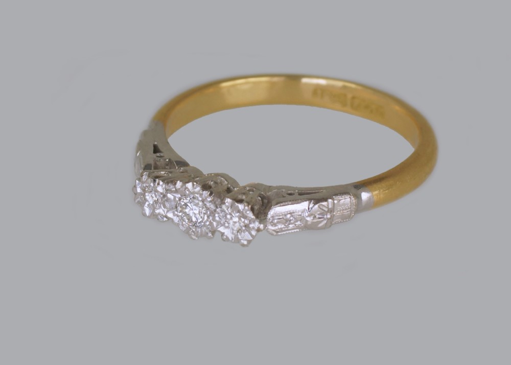 Art Deco Old Cut Diamond Ring 18ct Gold & Plat Antique 1920's Vintage Trilogy Ring View III