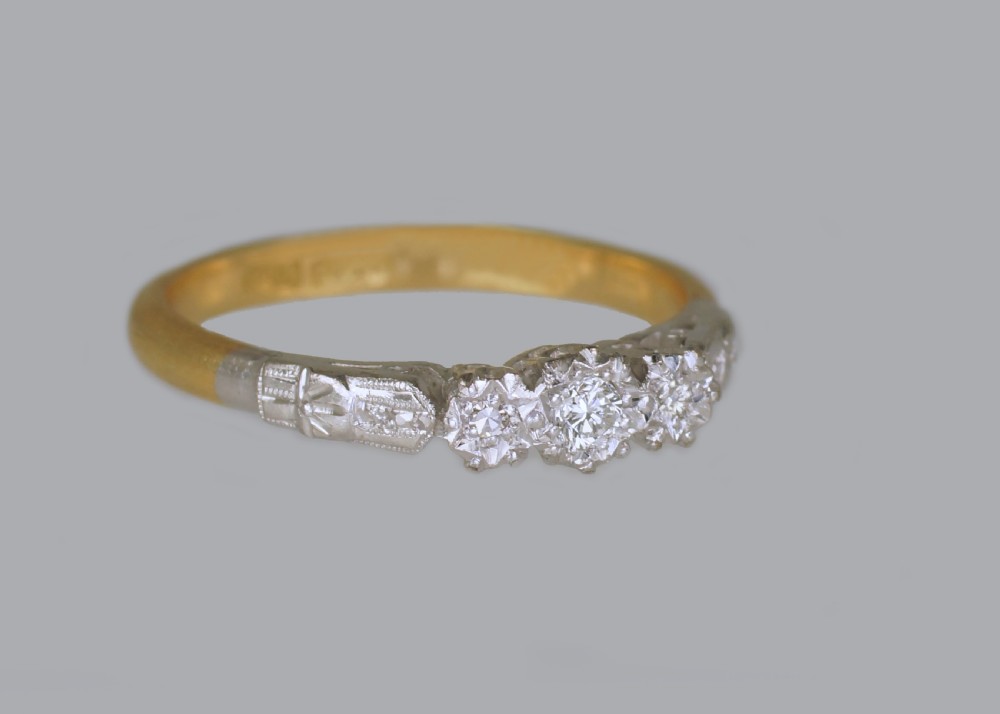 Art Deco Old Cut Diamond Ring 18ct Gold & Plat Antique 1920's Vintage Trilogy Ring View IV