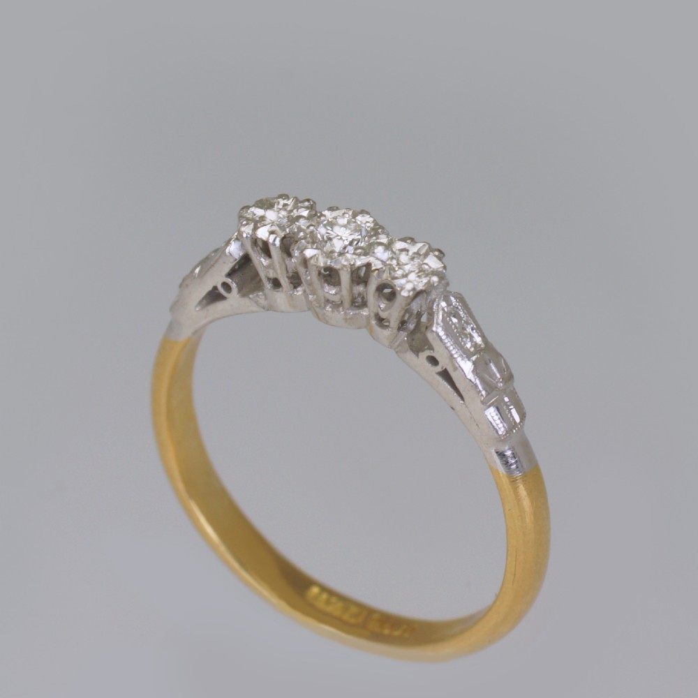 Art Deco Old Cut Diamond Ring 18ct Gold & Plat Antique 1920's Vintage Trilogy Ring View VIII