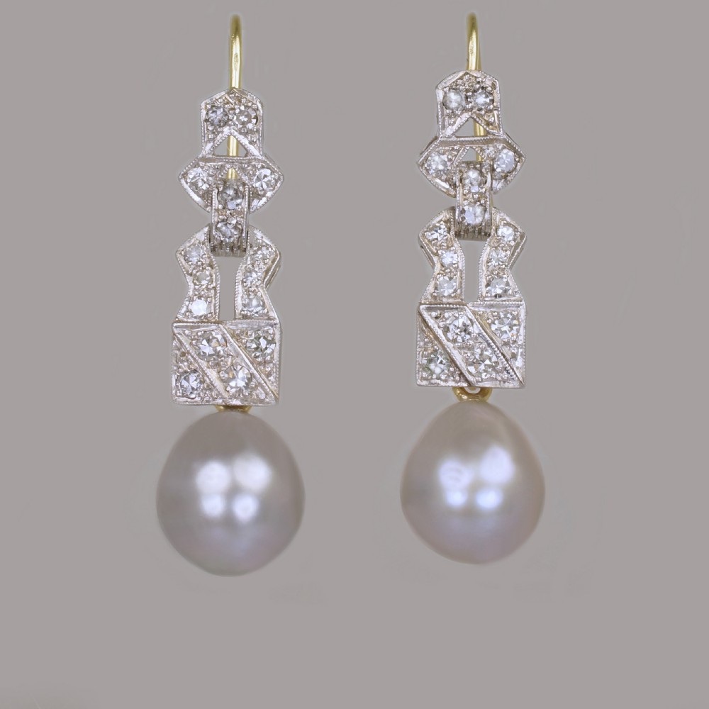 Art Deco Pearl & Diamond Dangle Earrings 18ct Gold & Plat Antique Drop 1920's Earrings 