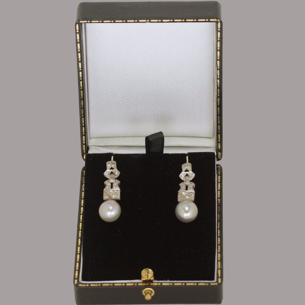 Art Deco Pearl & Diamond Dangle Earrings 18ct Gold & Plat Antique Drop 1920's Earrings  View II