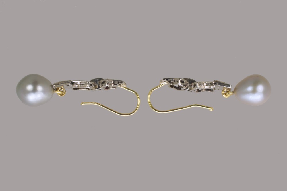 Art Deco Pearl & Diamond Dangle Earrings 18ct Gold & Plat Antique Drop 1920's Earrings  View V